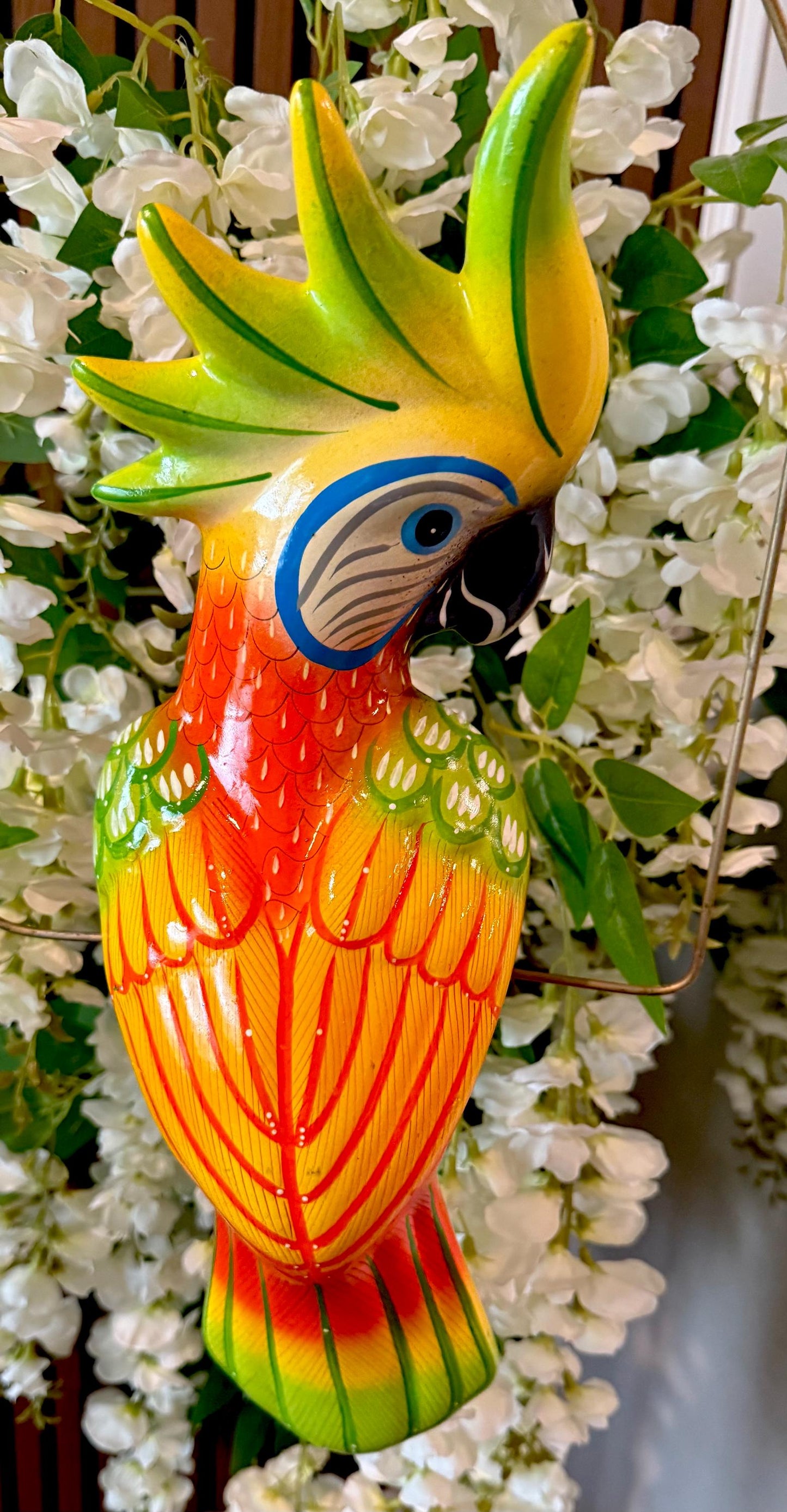 Hanging Exotic Bird in Ring Mexican Pottery Ceramic Pajaro De Cerámica