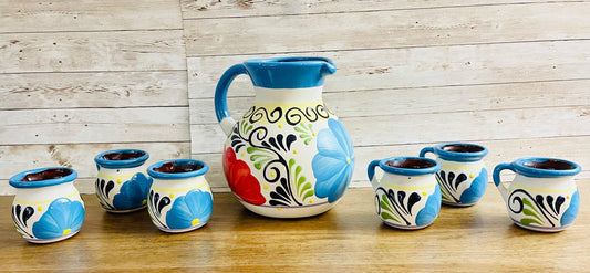 Terra Cotta Mexican Art Pottery Pitcher With 6 Cups Jarra Artesanal Mexicana