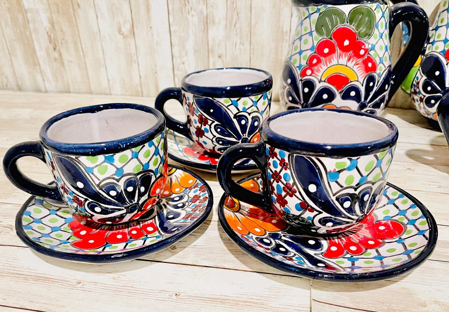 Mexican Talavera Tea Coffee Set Drinkware With 6  Mugs Sugar Bowl Talavera Mexicana de Cafe/Te con Tazas Platos Azucarera y Tetera