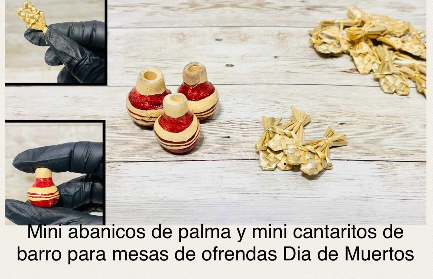 Mexican Miniature Day of Dead Handwoven Mini Fans & Mini Cantaritos Mini Abanicos de Palma y Mini Cantaritos de Barro  Dia De Los Muertos