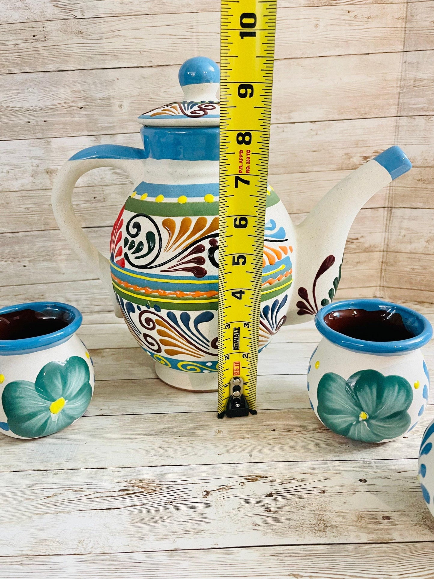 Terra Cotta Mexican Art Pottery CoffeeTea Set Drinkware With 4 Mugs Jarra Lechera Cafetera Artesanal con 4 tazas y Azucarera