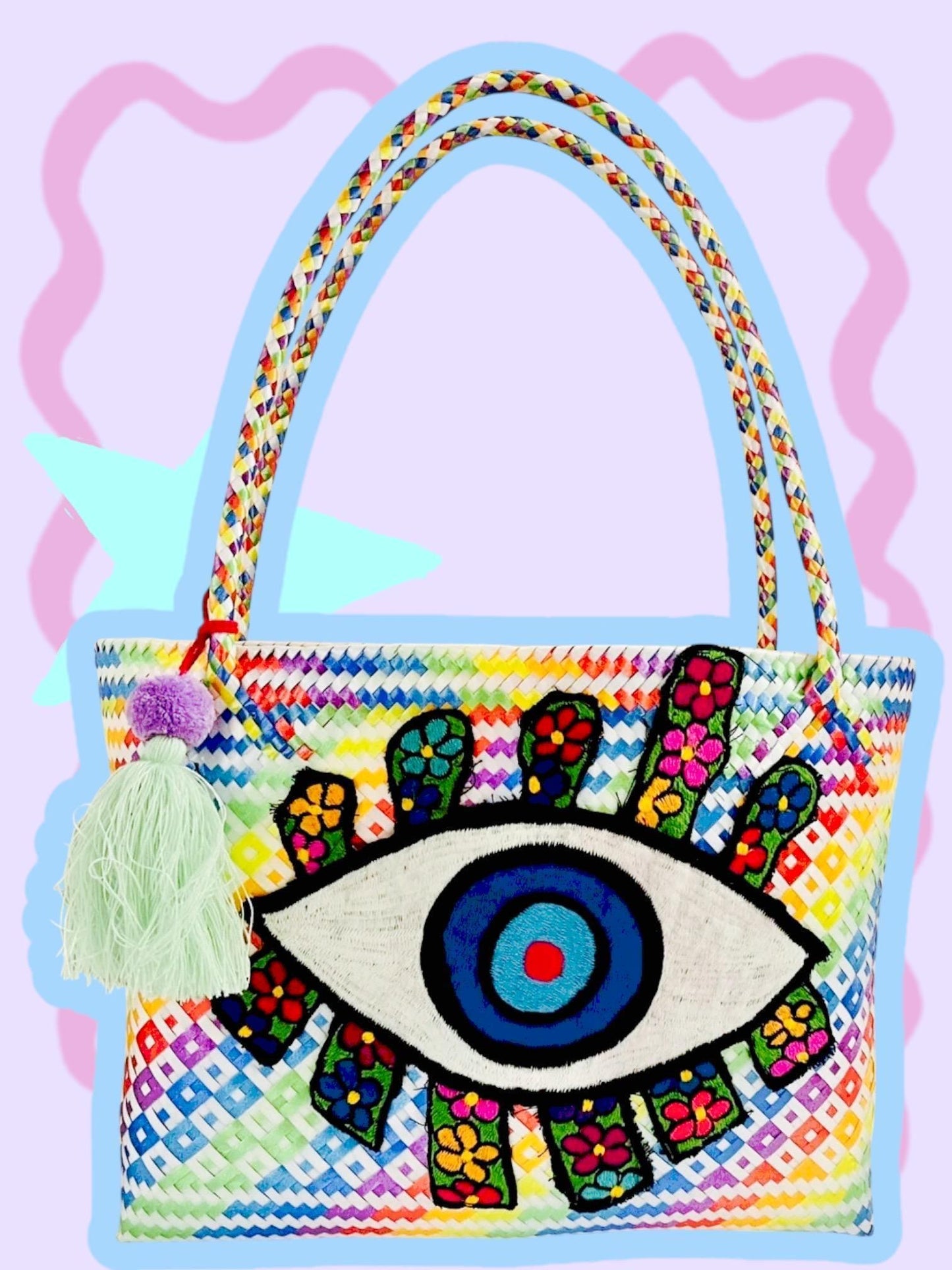 Hamsa Evil Eye Hand Woven Plastic Tote Bolsa Mexicana Artesenal Hamsa Mal De Ojo