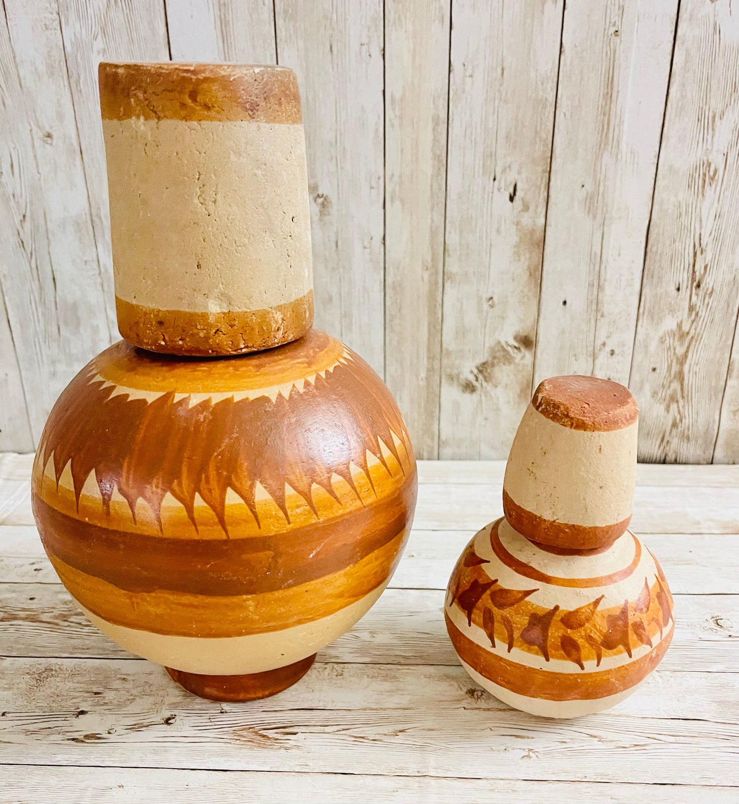Mexican Clay WaterJugs with Cups 2 Garrafones de Barro Mexicano 9 In & 5 In