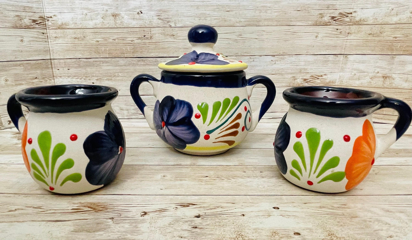 Terra Cotta Mexican Art Pottery CoffeeTea Set Drinkware With 4 Mugs & Sugar Bowl Jarra Lechera Cafetera Artesanal con 4 tazas y Azucarera