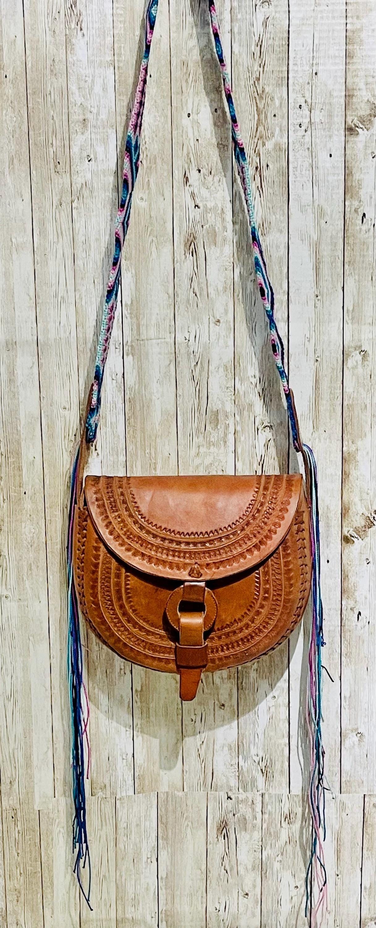 Handcrafted Tooled Western Mexican Leather Crossbody Bag with Woven Straps Bolsa Mexicana de Piel con Correa Tejida