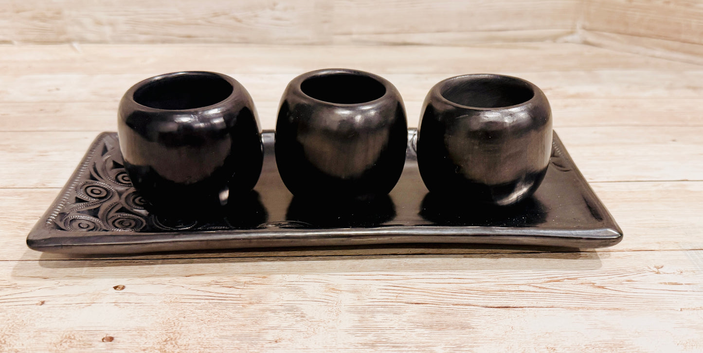 Black Oaxacan Shot Glasses Set with Plate 3 Vasos Tequileros con Bandeja