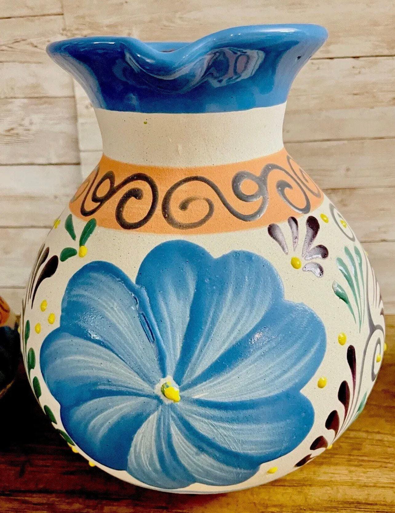 Terra Cotta Mexican Art Pottery Pitcher With 6 Cups Jarra Artesanal Mexicana