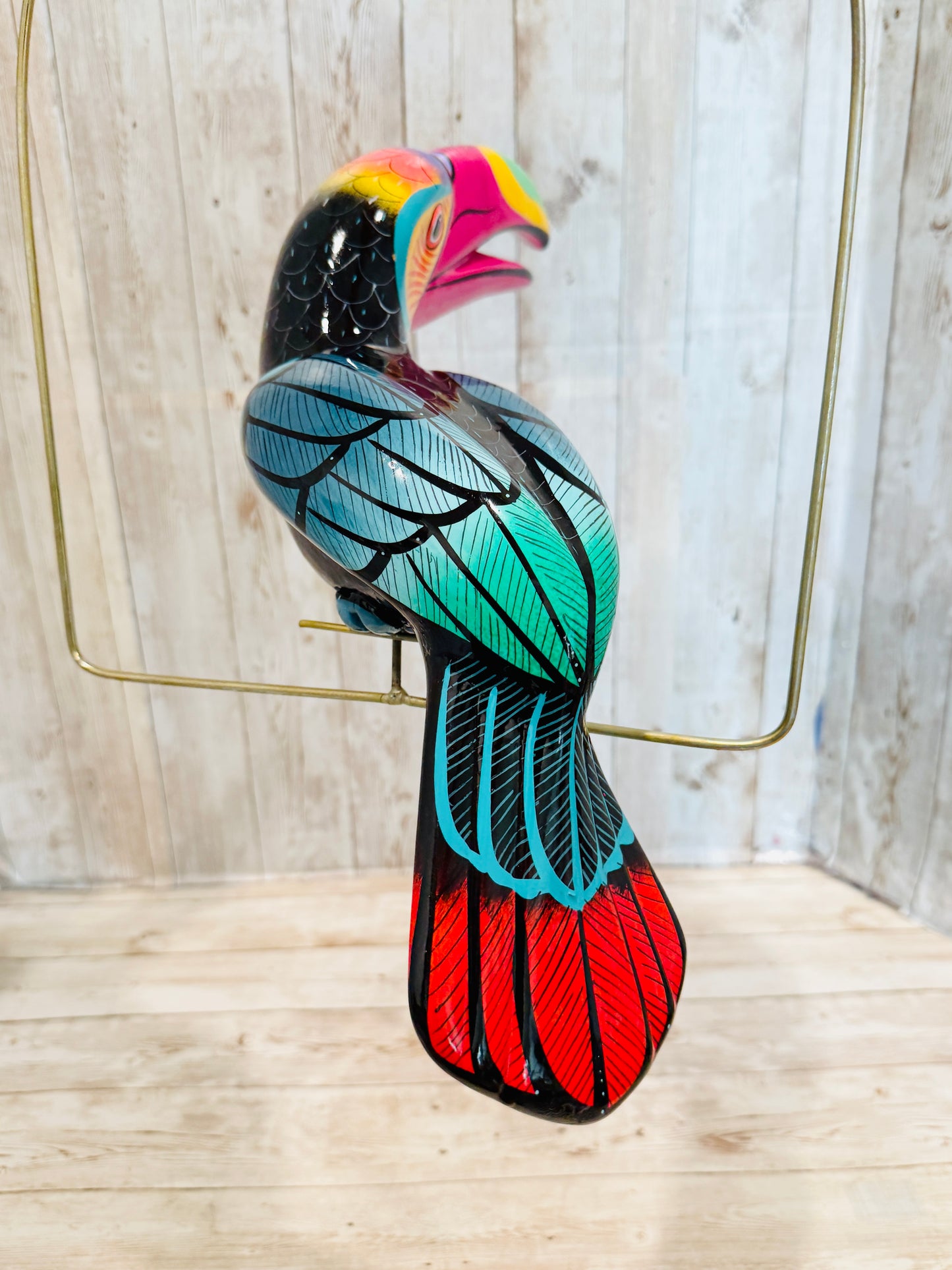 Mexican Exotic Ceramic Bird on a Perch Pajaro Mexicano de Ceramic en Aro
