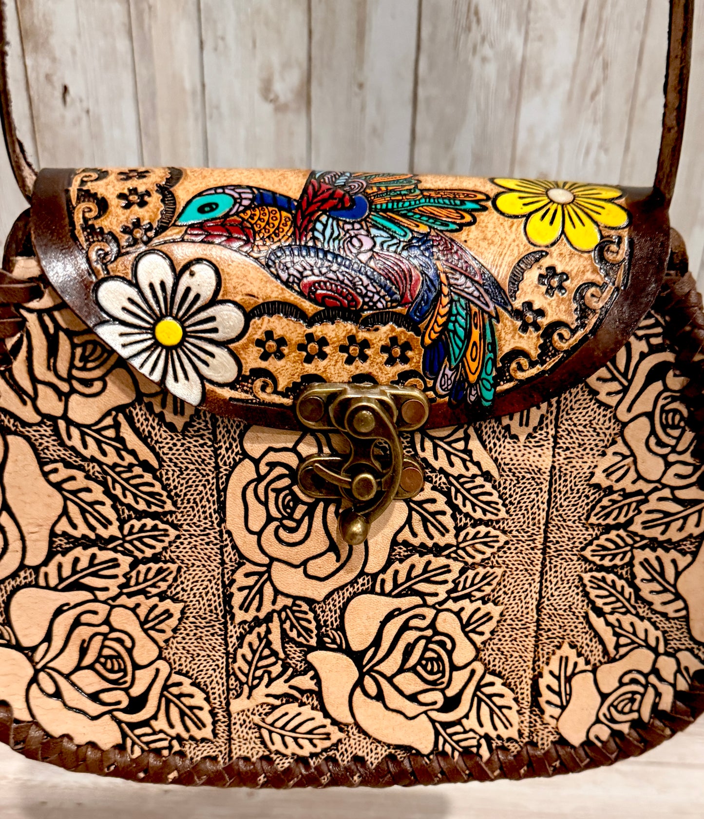 Mexican Leather Tooled Handbag Bolsa Mexicana de Piel Cincelada
