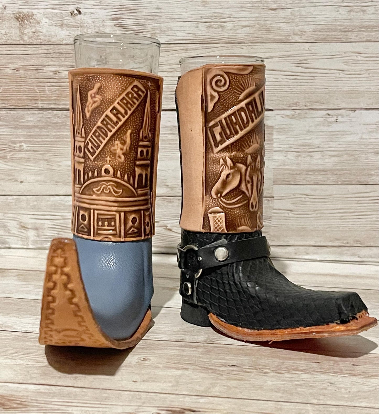 2x Mexican Leather Boot Shot Glasses 2x Vasos Tequileros de Bota con Piel