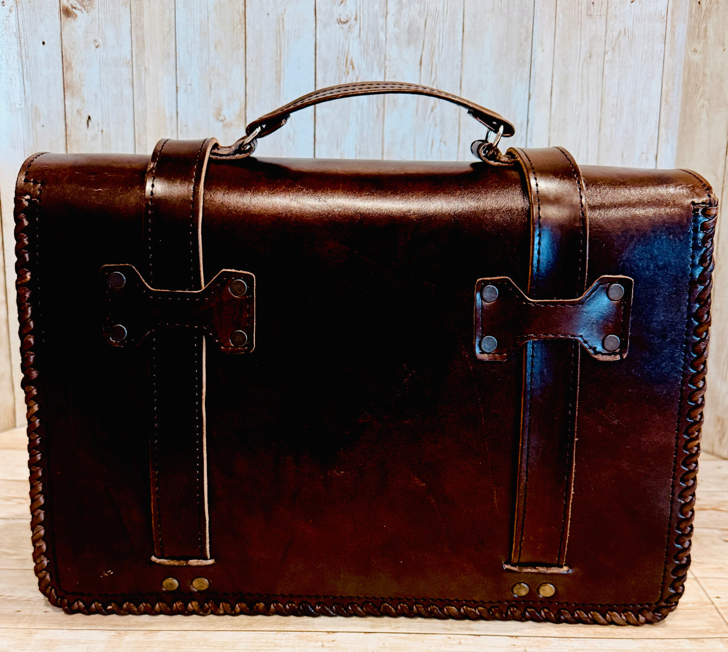 Mexican Leather Portfolio Briefcase Hand Tooled Aztec Calendar Laptop Bag Business Case Handmade Leather