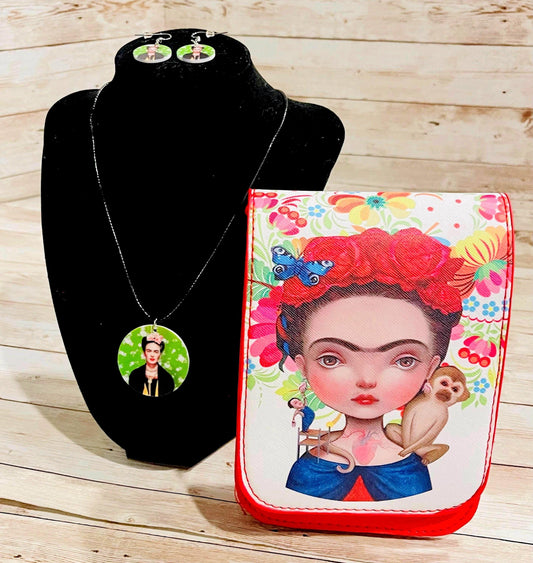 Frida Kahlo Set Purse/Bag Earrings and Necklace Crossbody Bag Set de Collar y Aretes de Frida y Bolsa Tipo Crossbody