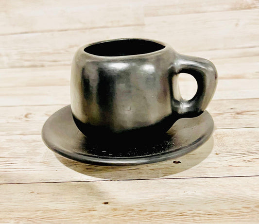 1x Black Oaxaca Mexican Clay Capuccino Expresso Coffee Tea Mug with Plate 1 Taza de Barro Negro Artesanal Mexicano con Plato Barro de Oaxaca