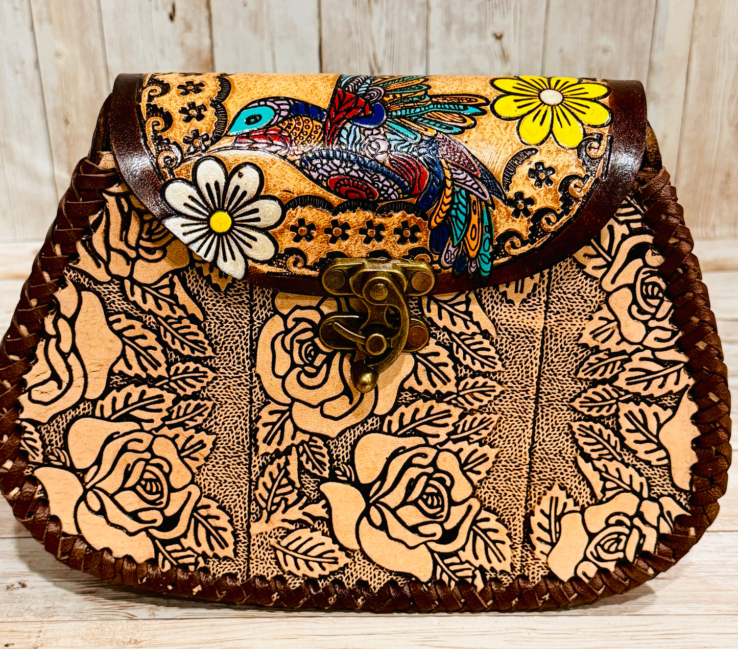 Mexican Leather Tooled Handbag Bolsa Mexicana de Piel Cincelada