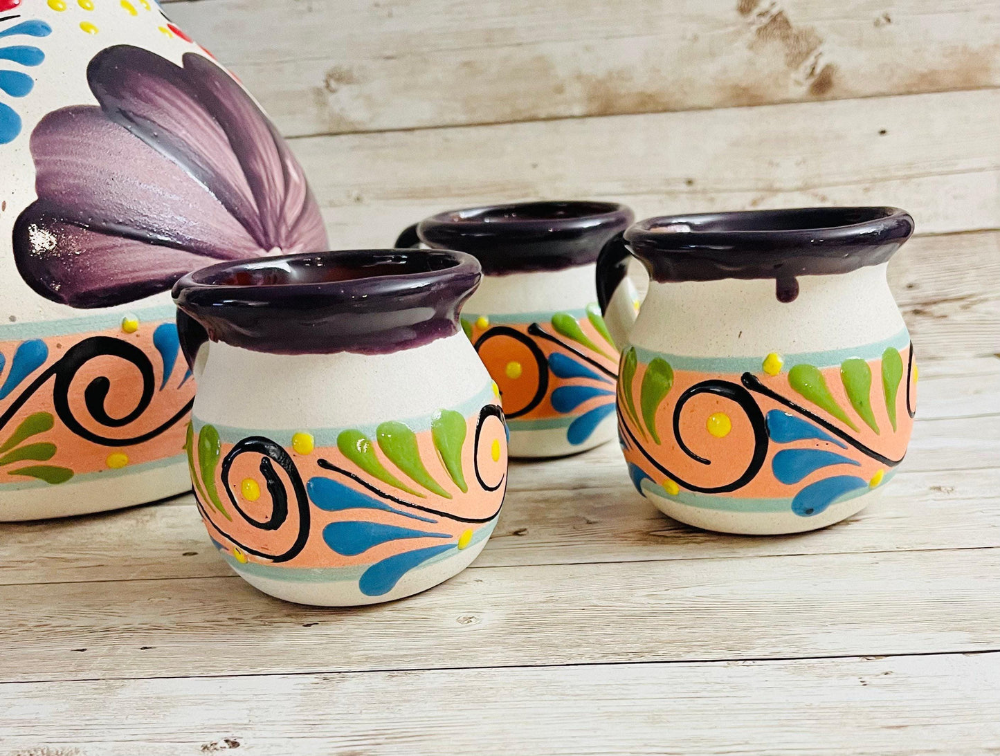 Terra Cotta Mexican Art Pottery Pitcher With 6 Cups Jarra Artesanal Mexicana