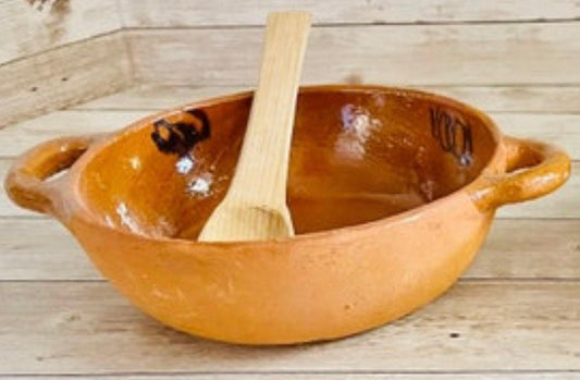 Mexican Salsa/Cheese Plate with wood Spoon Plato Salsero/Quesero de Barro con Cuchara de Madera