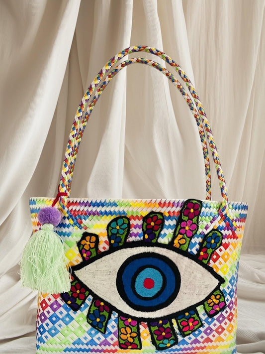 Hamsa Evil Eye Hand Woven Plastic Tote Bolsa Mexicana Artesenal Hamsa Mal De Ojo