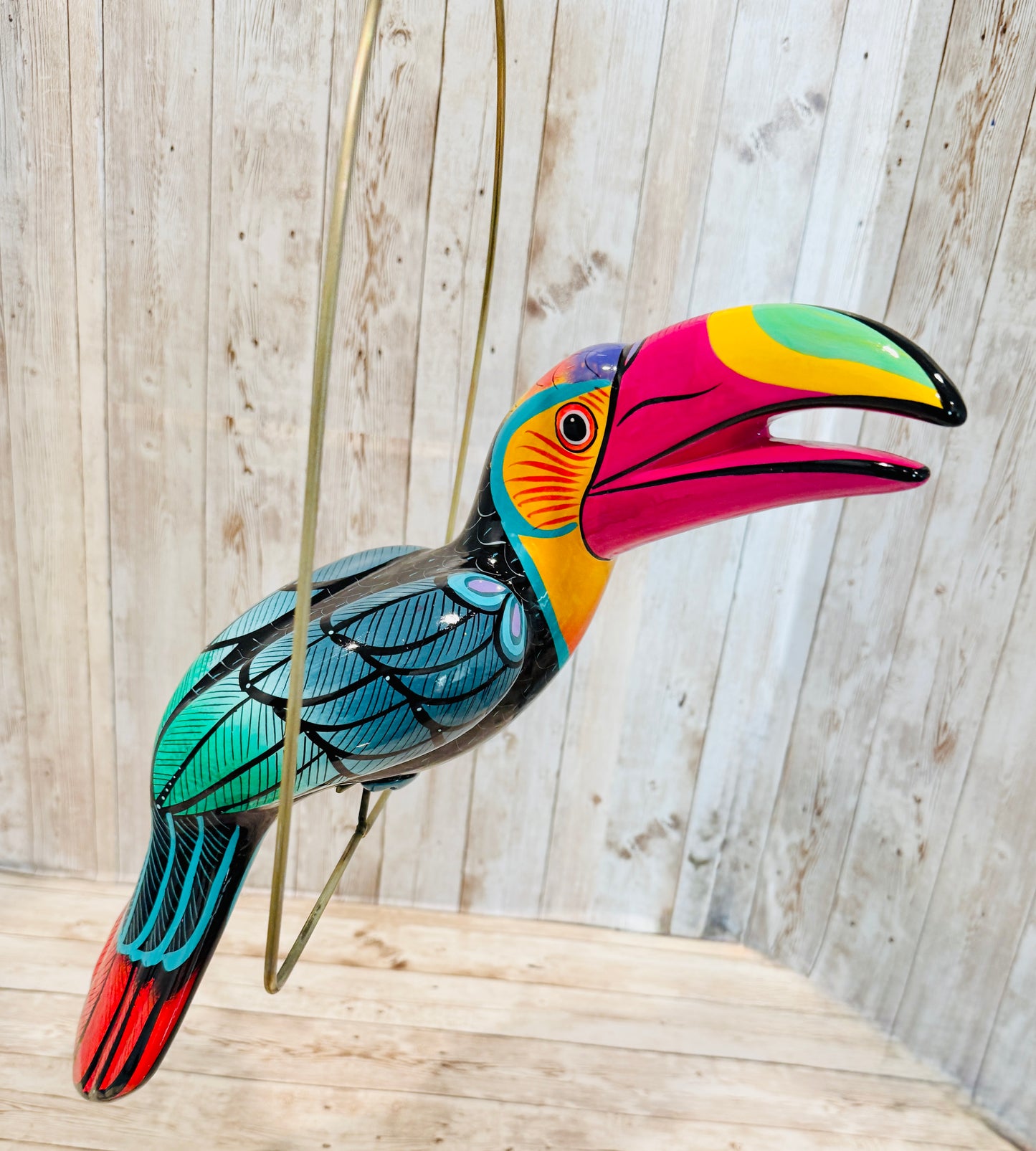 Mexican Exotic Ceramic Bird on a Perch Pajaro Mexicano de Ceramic en Aro