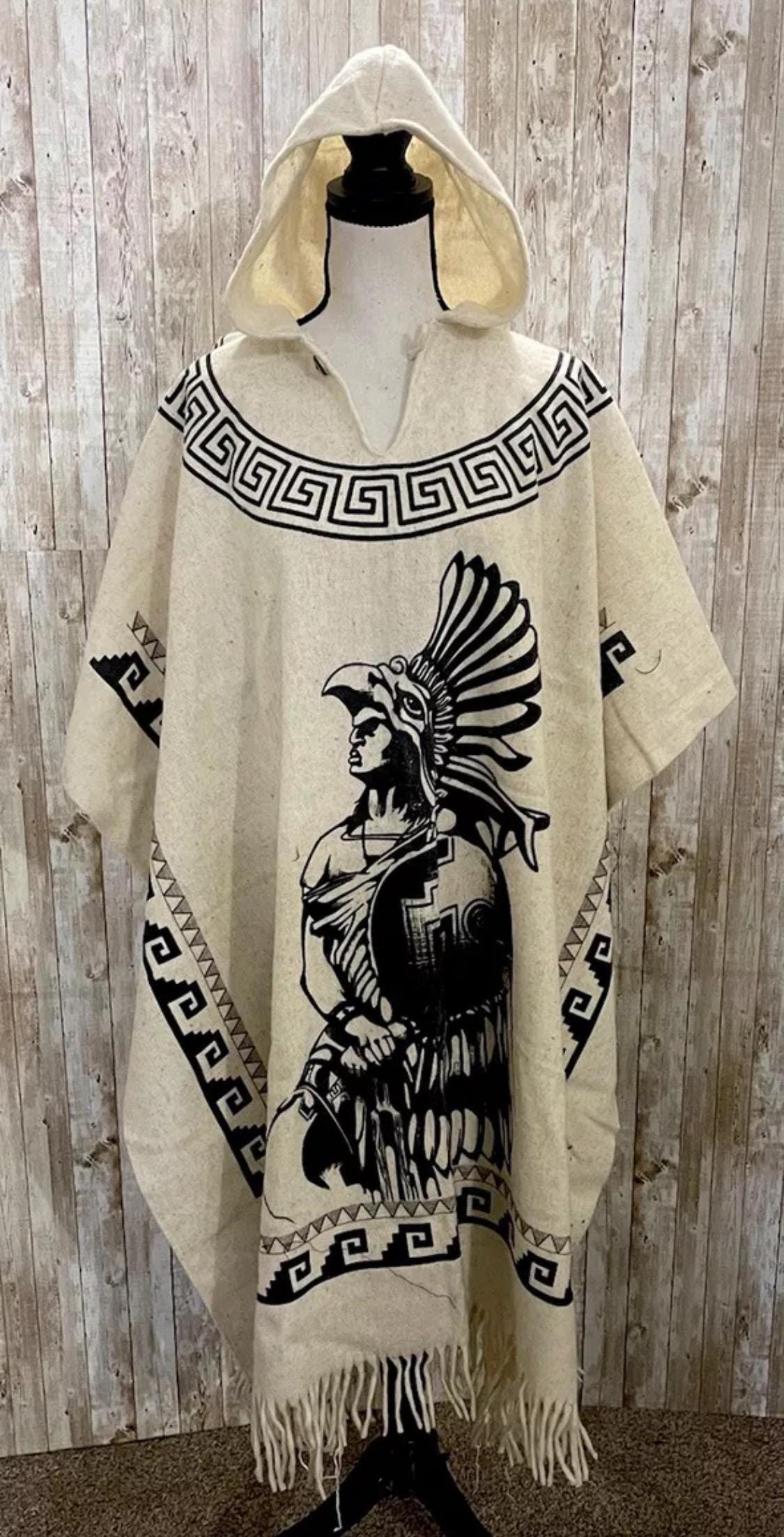 Mexican Aztec Warrior Wool PONCHO with Hoodie Poncho Mexicano De Lana Planchada  Azteca Guerrero con Gorro