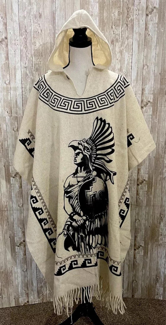 Mexican Aztec Warrior Wool PONCHO with Hoodie Poncho Mexicano De Lana Planchada  Azteca Guerrero con Gorro