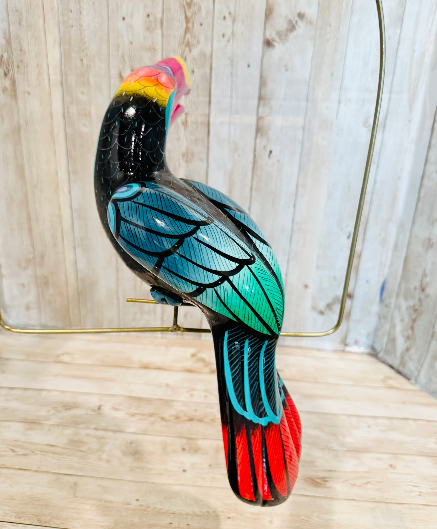 Mexican Exotic Ceramic Bird on a Perch Pajaro Mexicano de Ceramic en Aro