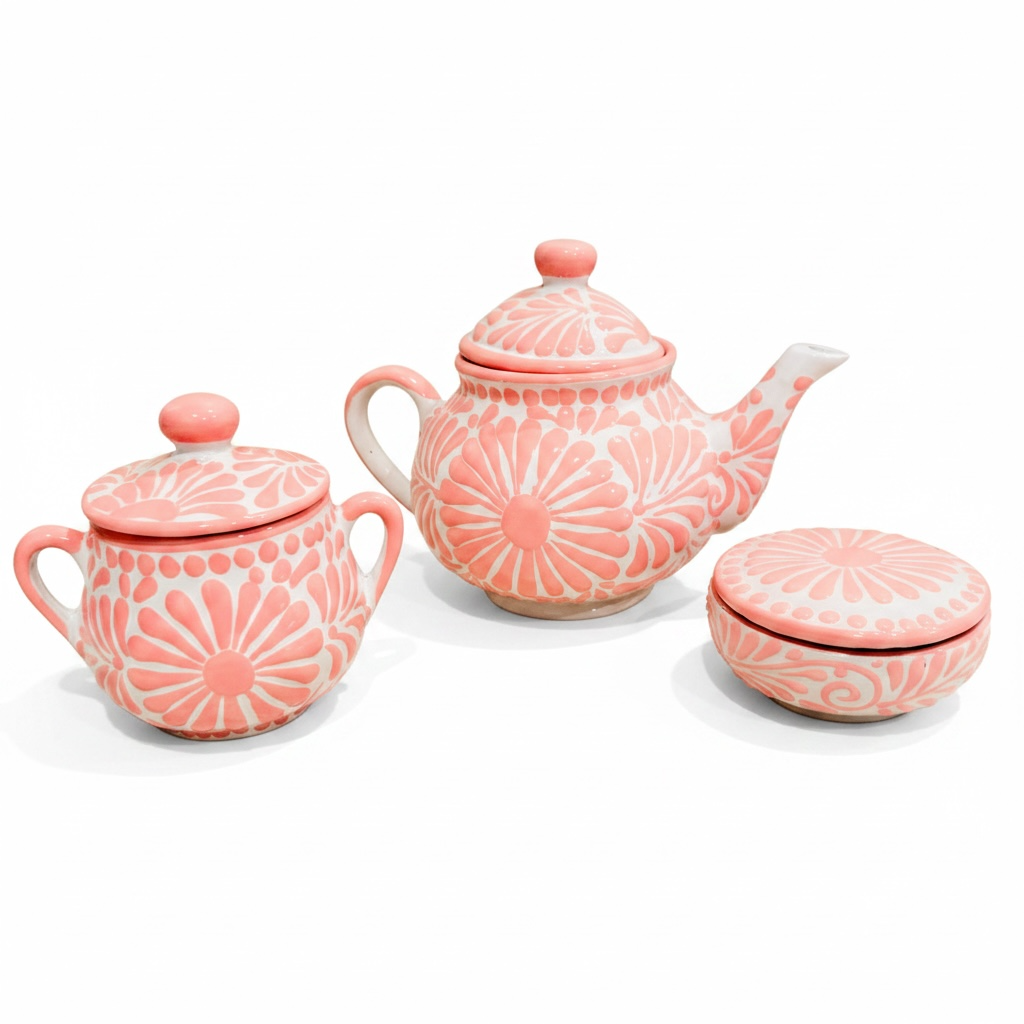 Mexican Pink Talavera Coffeepot Teapot Set with Sugar Bowl and Serving Dish with Lid Talavera Rosa Tetera con Azucarera y Charola Chica para Servir