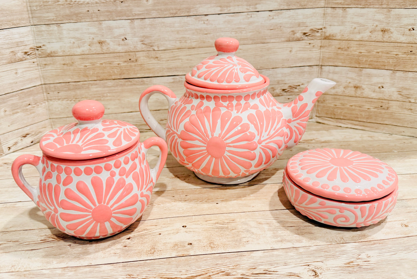 Mexican Pink Talavera Coffeepot Teapot Set with Sugar Bowl and Serving Dish with Lid Talavera Rosa Tetera con Azucarera y Charola Chica para Servir