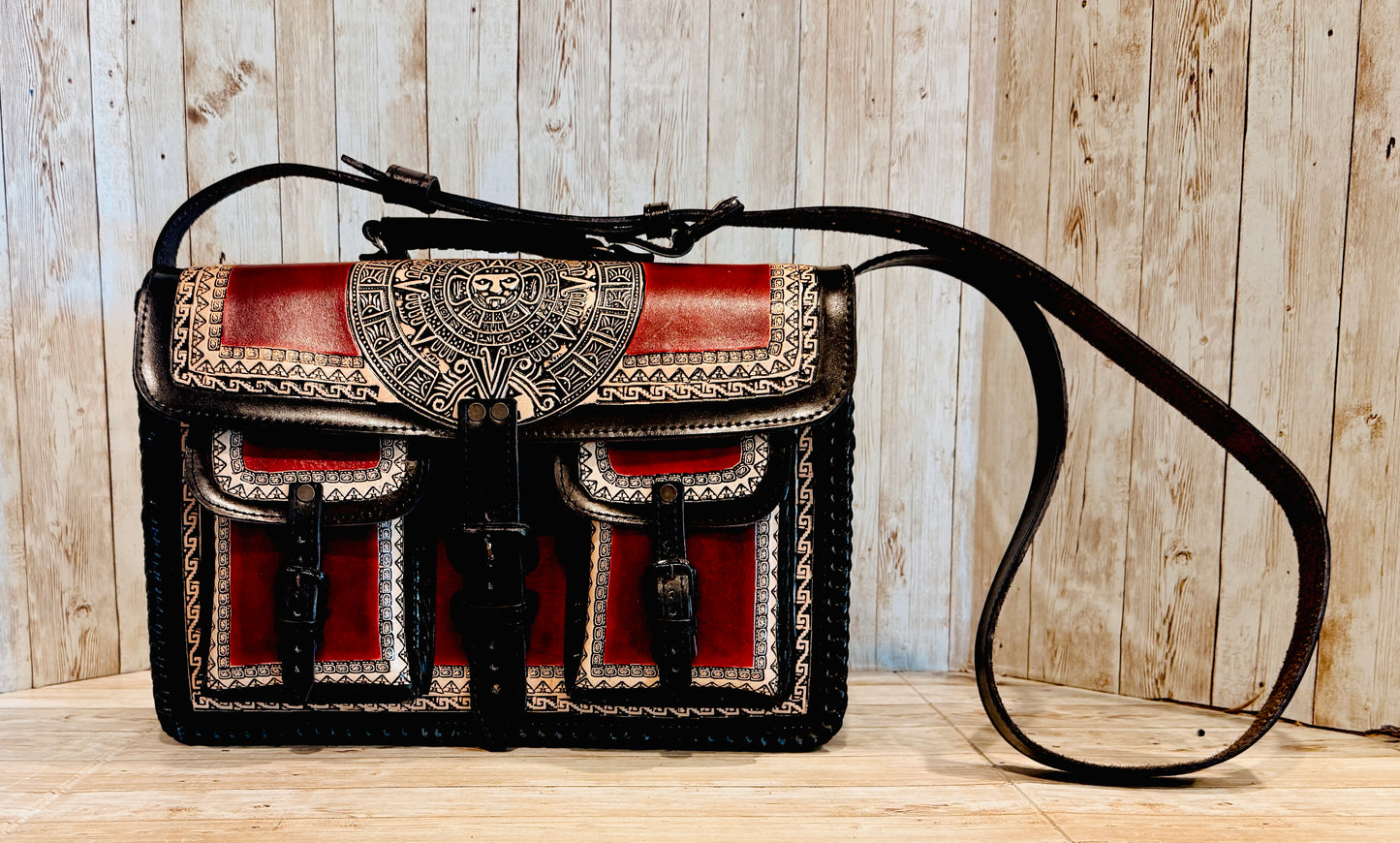 Tooled Leather  Handmade Aztec Satchel Mexican Artisan Shoulder Bag
