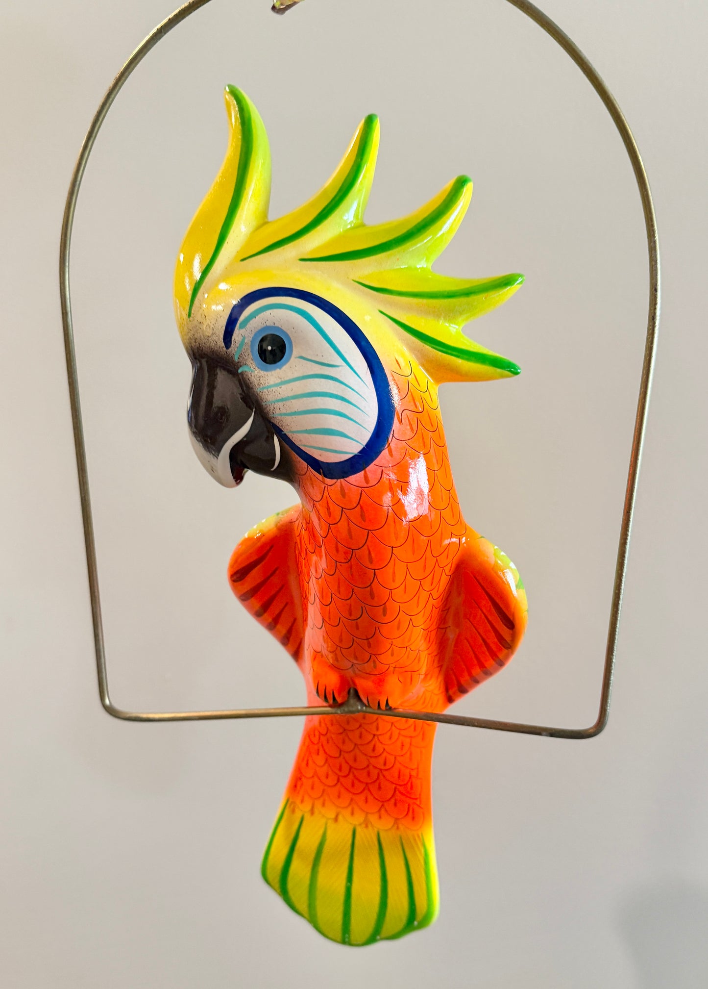 Mexican Exotic Ceramic Bird on a Perch Pajaro Mexicano de Ceramic en Aro