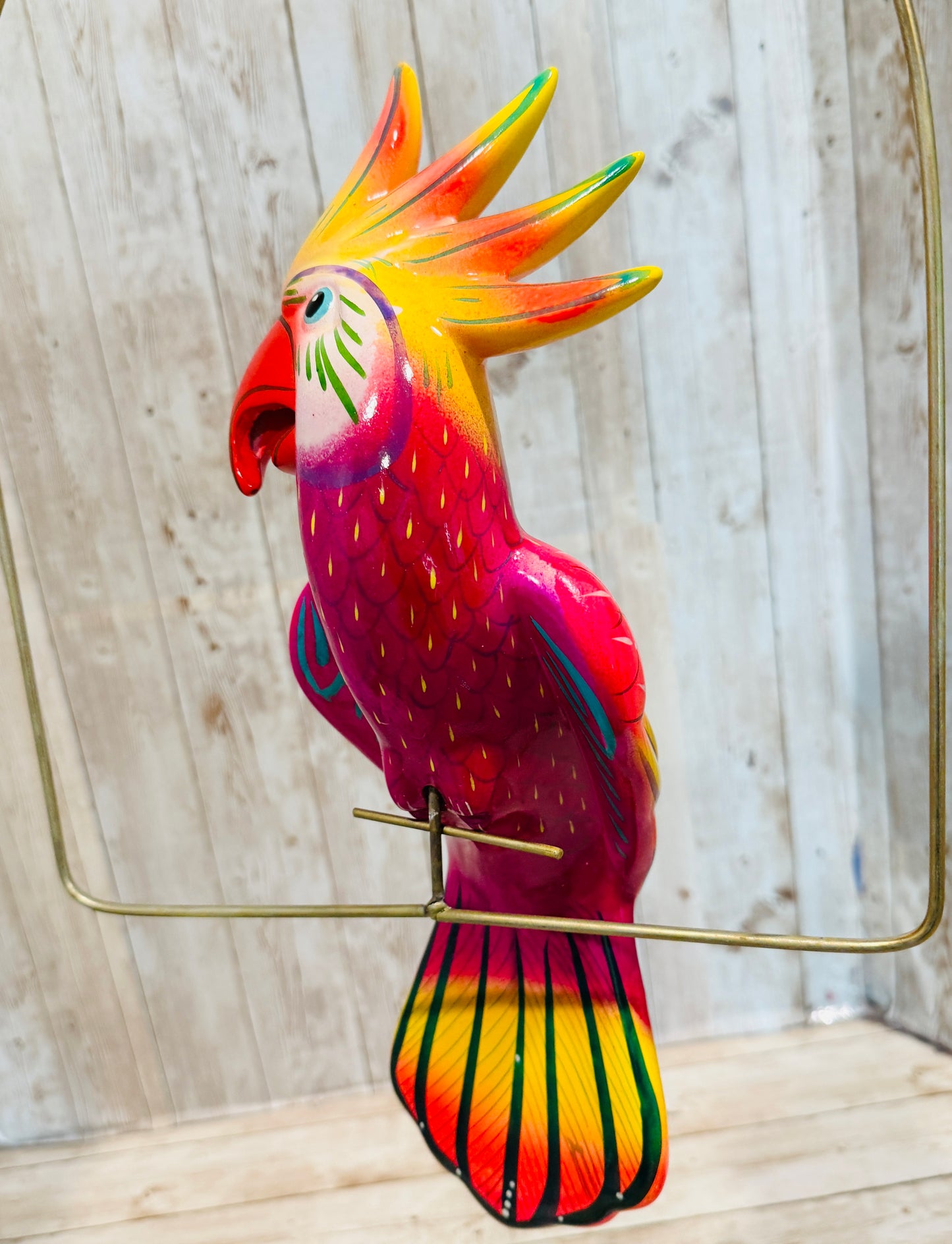 Mexican Exotic Ceramic Bird on a Perch Pajaro Mexicano de Ceramic en Aro