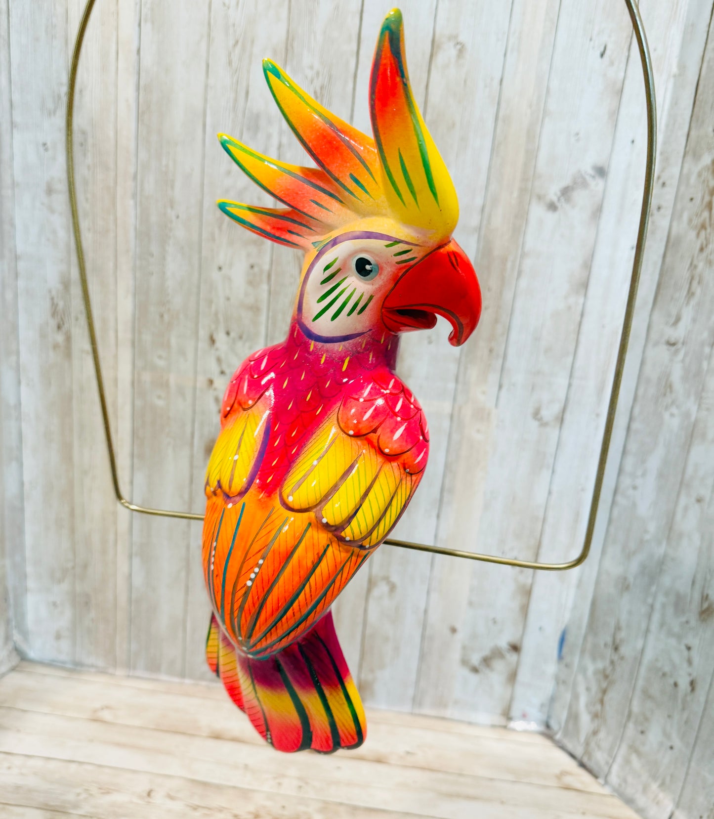 Mexican Exotic Ceramic Bird on a Perch Pajaro Mexicano de Ceramic en Aro