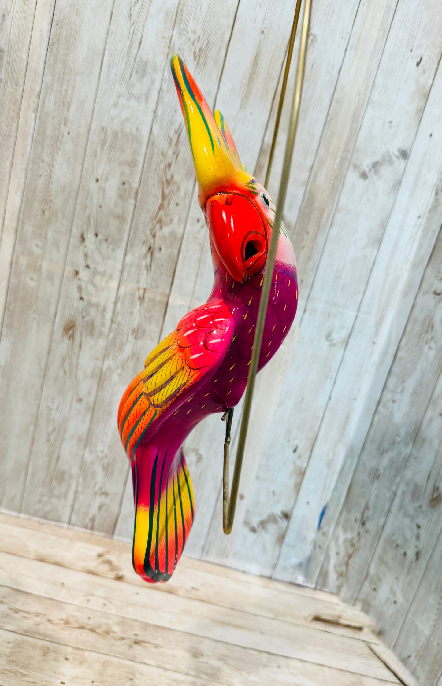 Mexican Exotic Ceramic Bird on a Perch Pajaro Mexicano de Ceramic en Aro