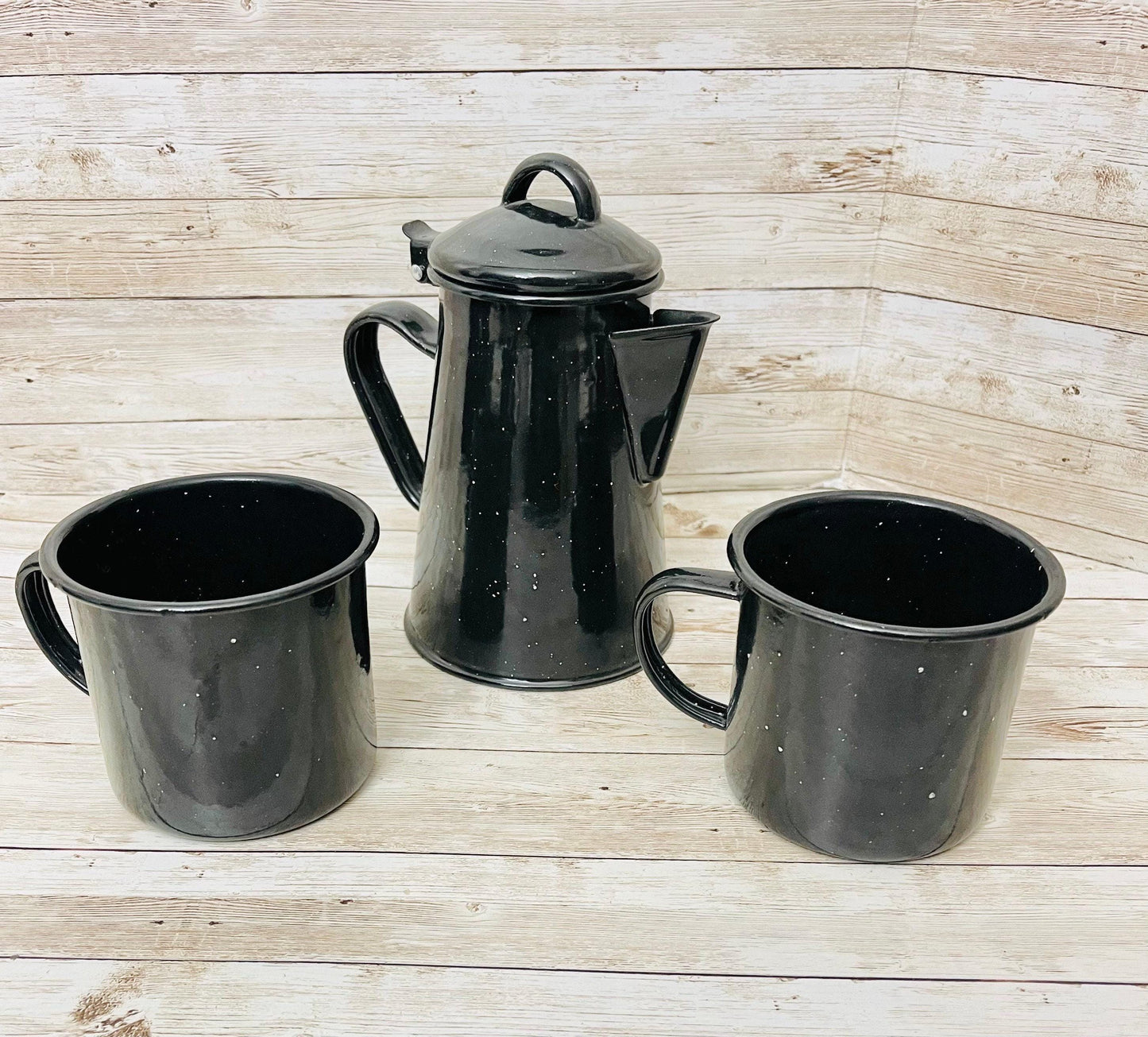 Enamelware Coffee Tea Pot & 2  Cups Cafetera de Peltre con 2 Tazas Peltre Mexicano