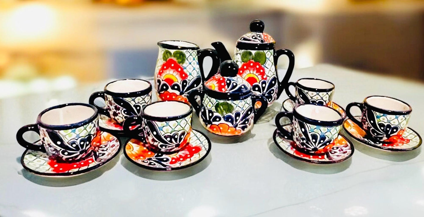 Mexican Talavera Tea Coffee Set Drinkware With 6  Mugs Sugar Bowl Talavera Mexicana de Cafe/Te con Tazas Platos Azucarera y Tetera