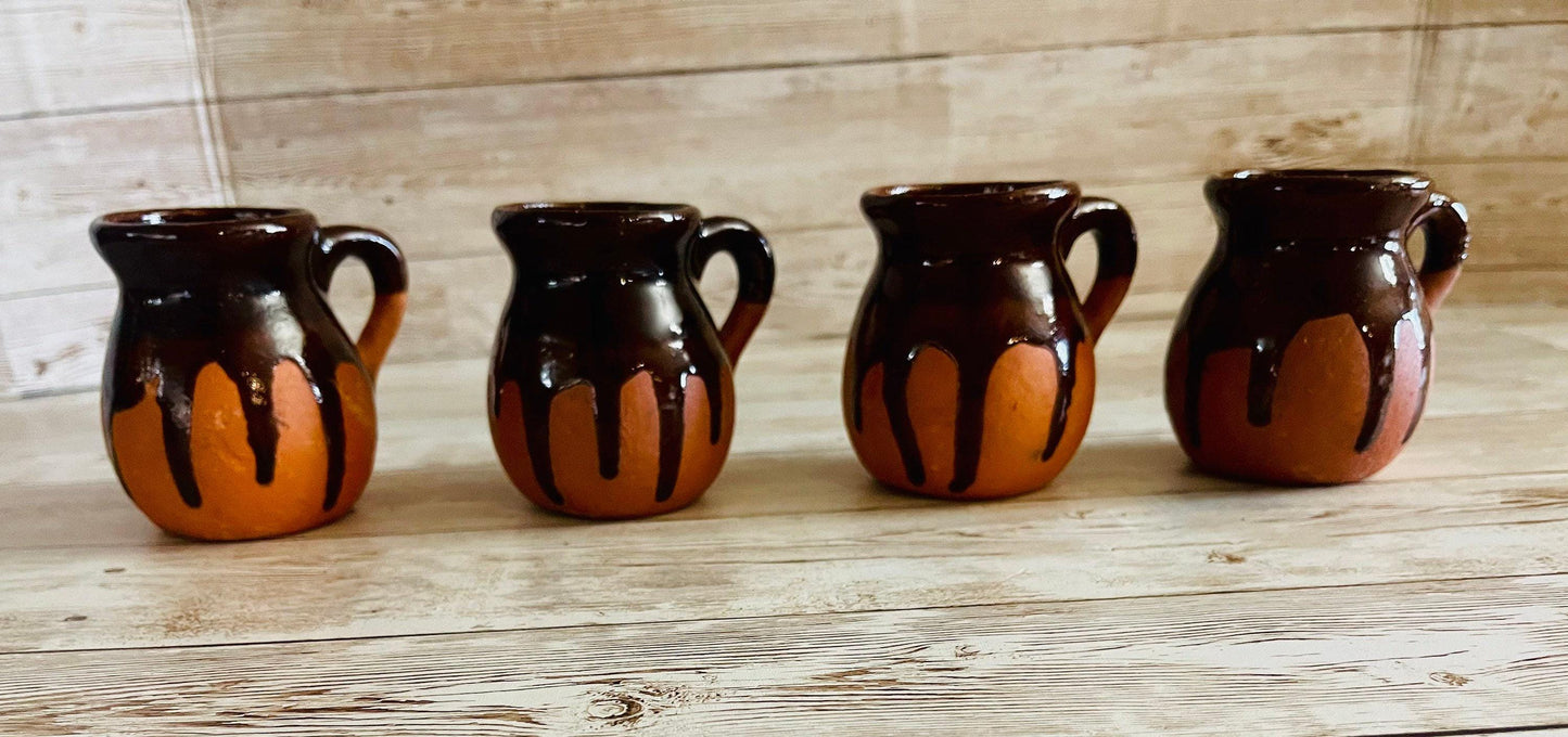 4 X Terra Cota Small Mexican Mugs 4 Tazas Jarritos De Barro Mexicano
