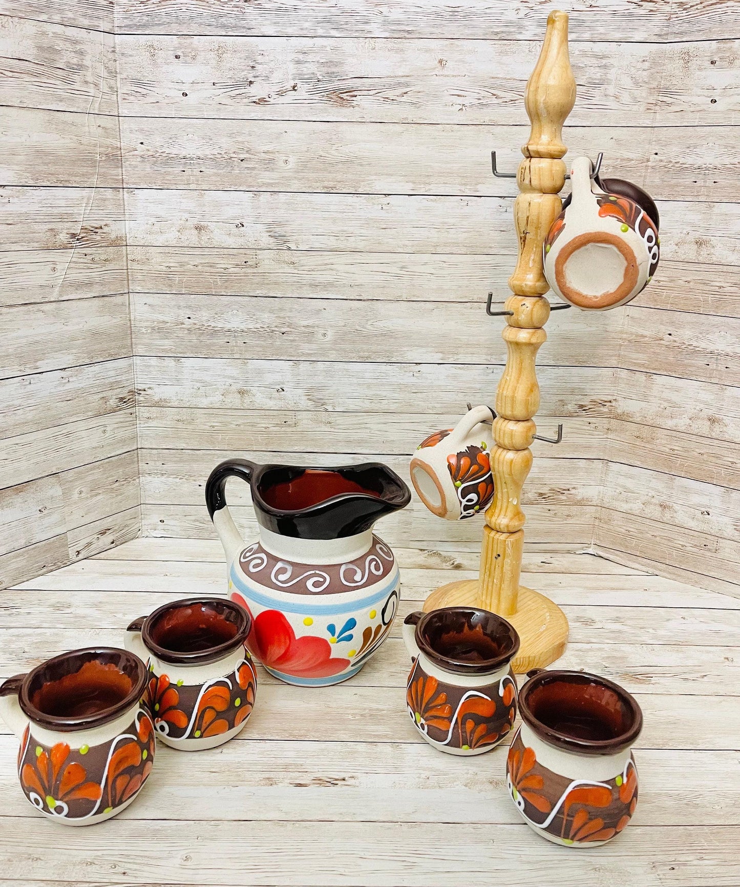 Terra Cotta Mexican Art Pottery CoffeeTea Pot with 6 Mugs and Mug Tree Jarra Lechera Cafetera Artesanal Mexicana Engove con 6 Tazas y Torre