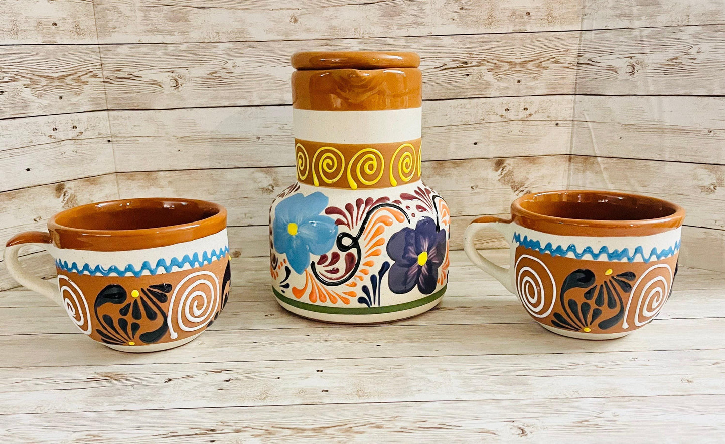 Terra Cotta Mexican Art Pottery CoffeeTea Set Drinkware With 2 Cereal Mugs Jarra Lechera Cafetera Artesanal Mexicana con 2 tazas Cerealeas