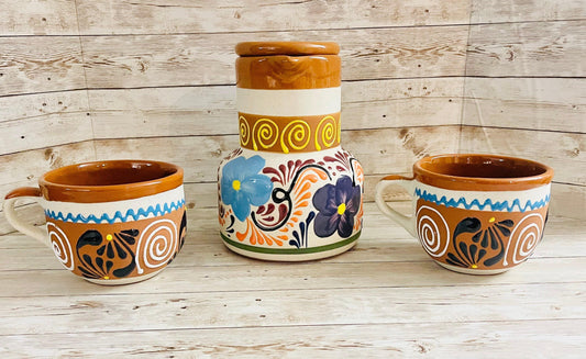 Terra Cotta Mexican Art Pottery CoffeeTea Set Drinkware With 2 Cereal Mugs Jarra Lechera Cafetera Artesanal Mexicana con 2 tazas Cerealeas