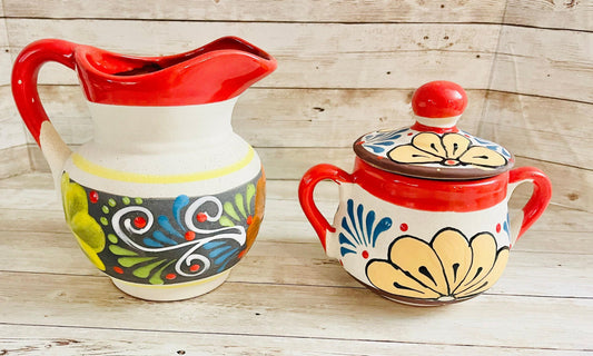 Terra Cotta Mexican Art Pottery Sugar Pot with Coffee Tea Pot. Azucarera Artesanal Mexicana Engove con Jarra Lechera