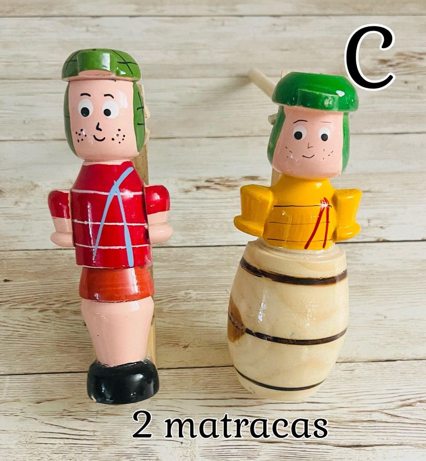 Matracas Mexicana del Chavo del Ocho y Chilindrina Mexican Wooden Noisemaker Grogger, Matraca Loud