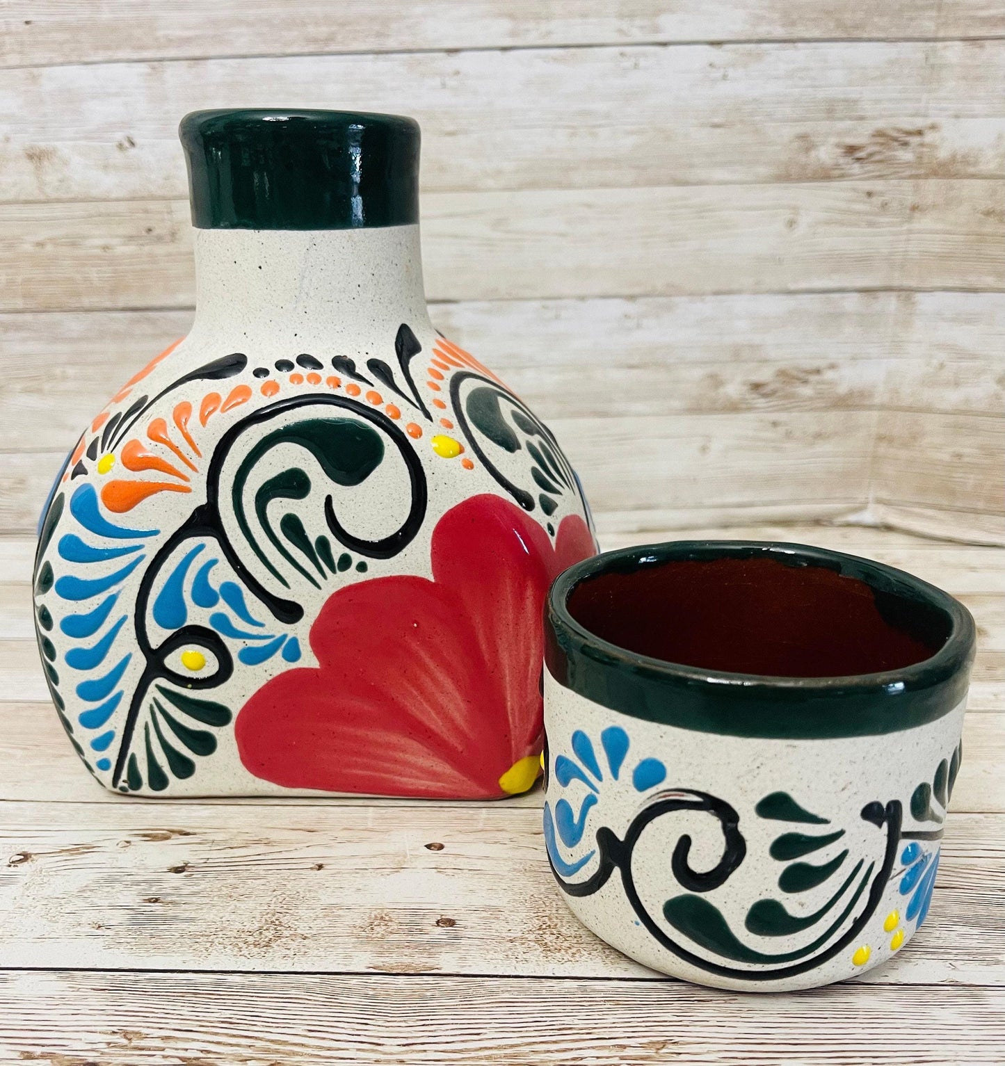 Terra Cotta Mexican Art Water Jug with Cup Garrafon de Barron Artesanal Mexicana con Vaso