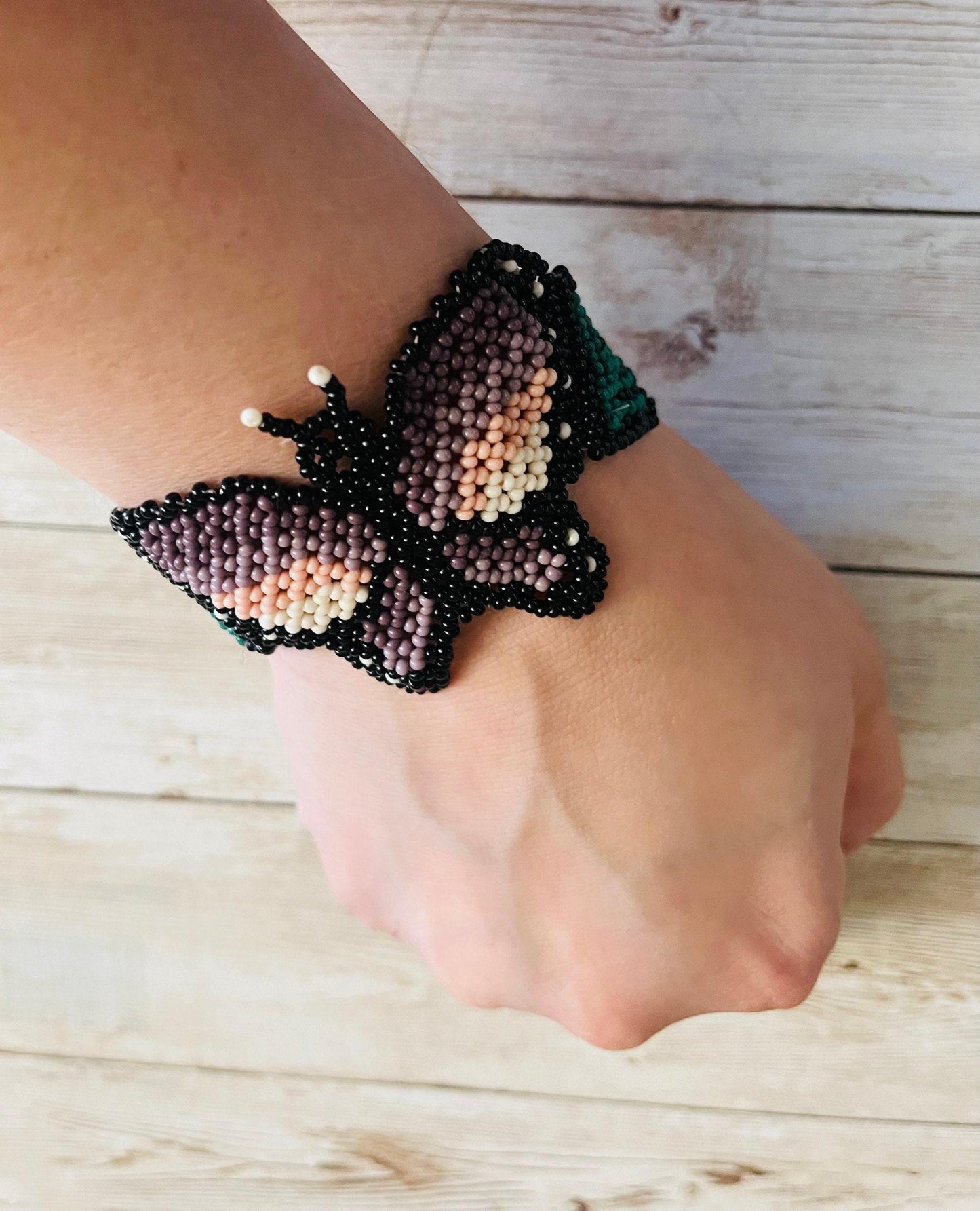 2x CHAQUIRA Huichol Mexican Butterfly Bracelets 2 Pulseras de Chaquira Huichol de Mariposas