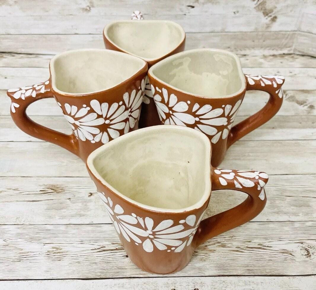 4x Mexican Ceramic Heart Shaped Pottery Cups 4x Tazas de Ceramica Mexicanas en Forma de Corazon