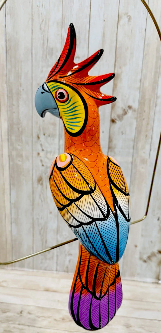 Mexican Exotic Ceramic Bird on a Perch Pajaro Mexicano de Ceramic en Aro