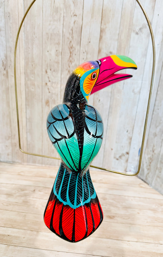 Mexican Exotic Ceramic Bird on a Perch Pajaro Mexicano de Ceramic en Aro
