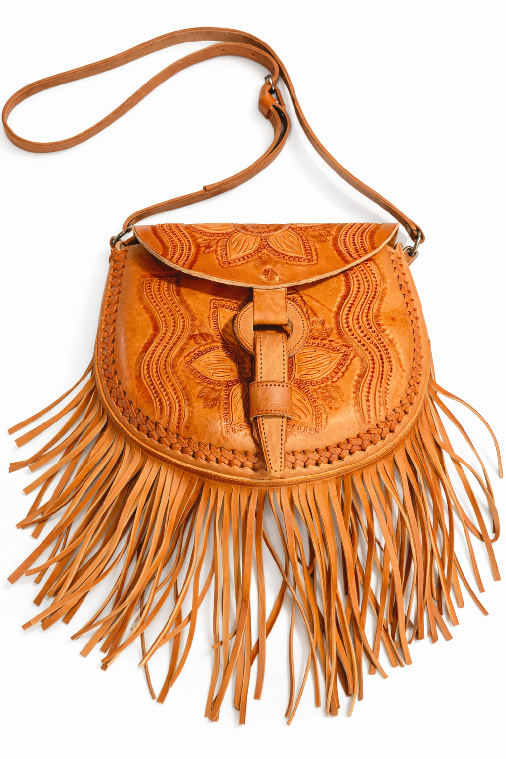 Mexican Leather Tooled Fringe Crossbody Handbag Bolsa Mexicana de Piel Cincelada con Flecos