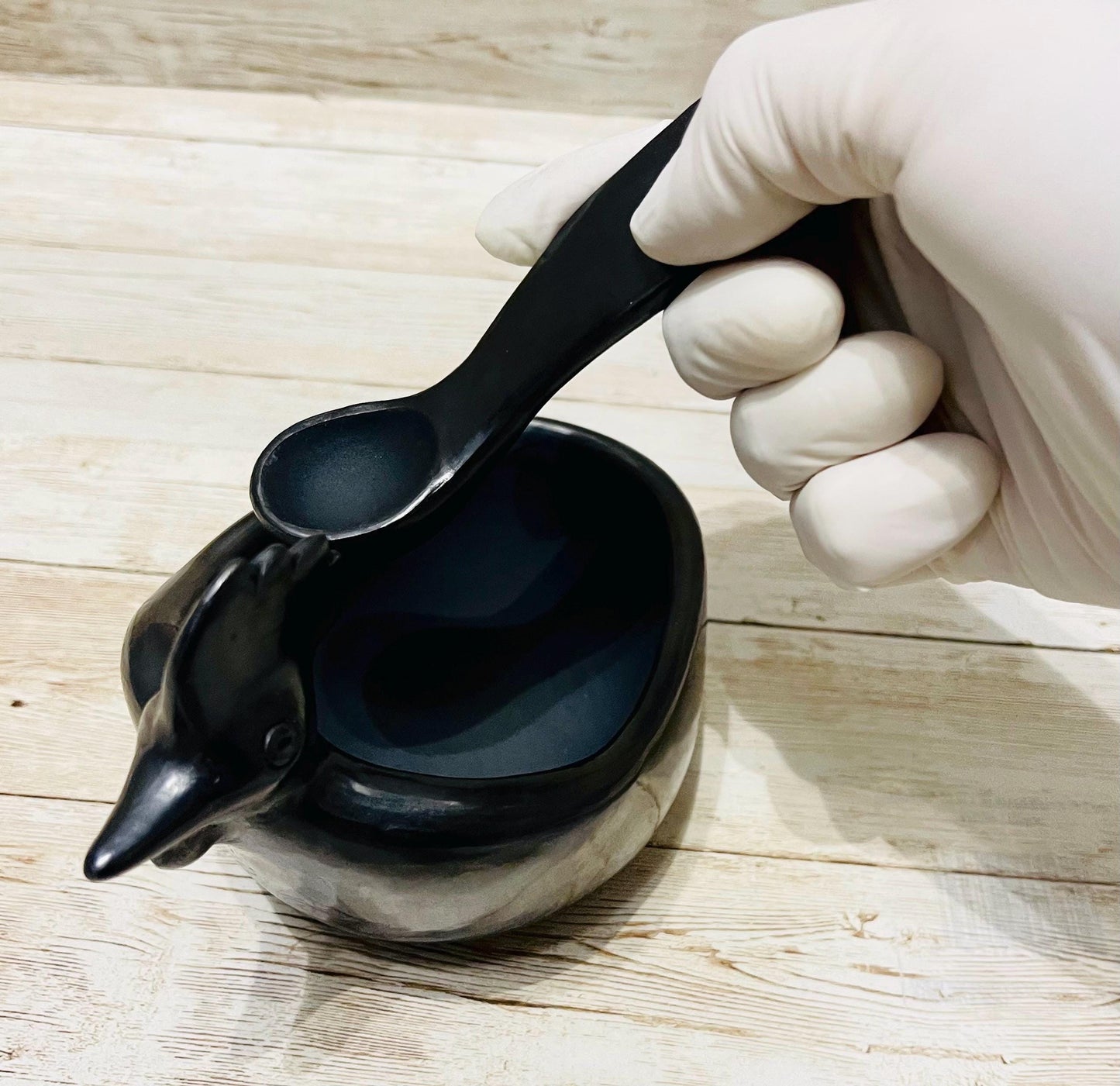 Black Oaxacan Mexican Clay Art Pottery Salsa Bowl with Spoon Salsero con Cuchara de Barro Negro Artesanal Hecho en Oaxaca