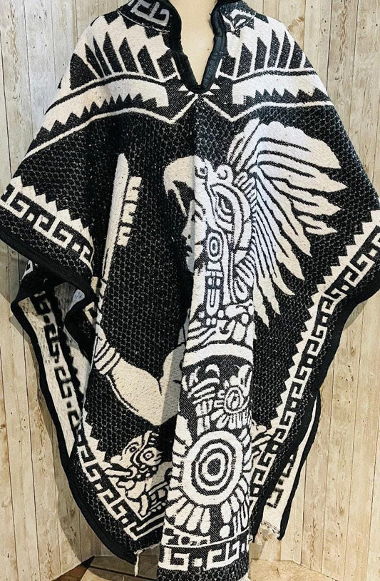 Poncho Azteca con Guerrero y Escudo Nacional Double Sided Aztec Calendar Poncho