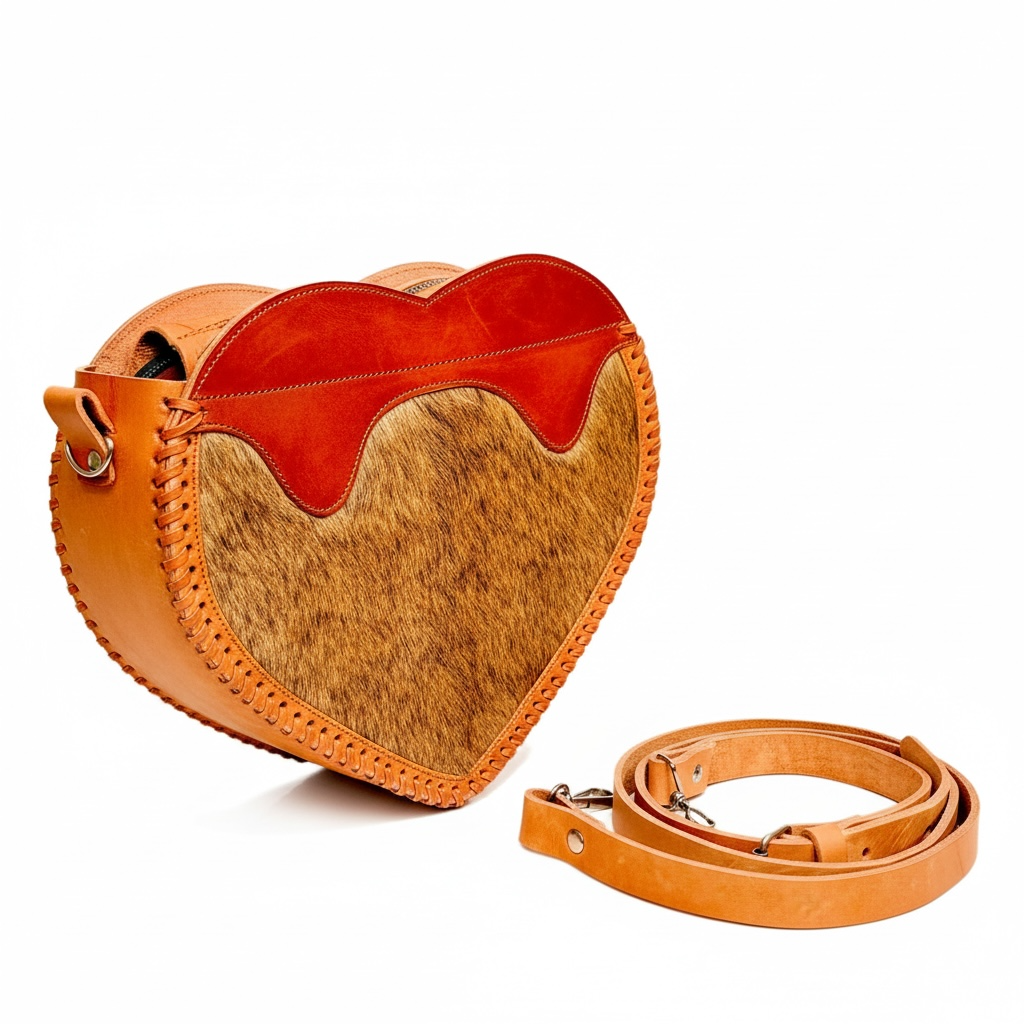 Mexican Cowhide Heart Shaped Leather Tooled Handbag Bolsa Mexicana Corazon de Piel y Cuero