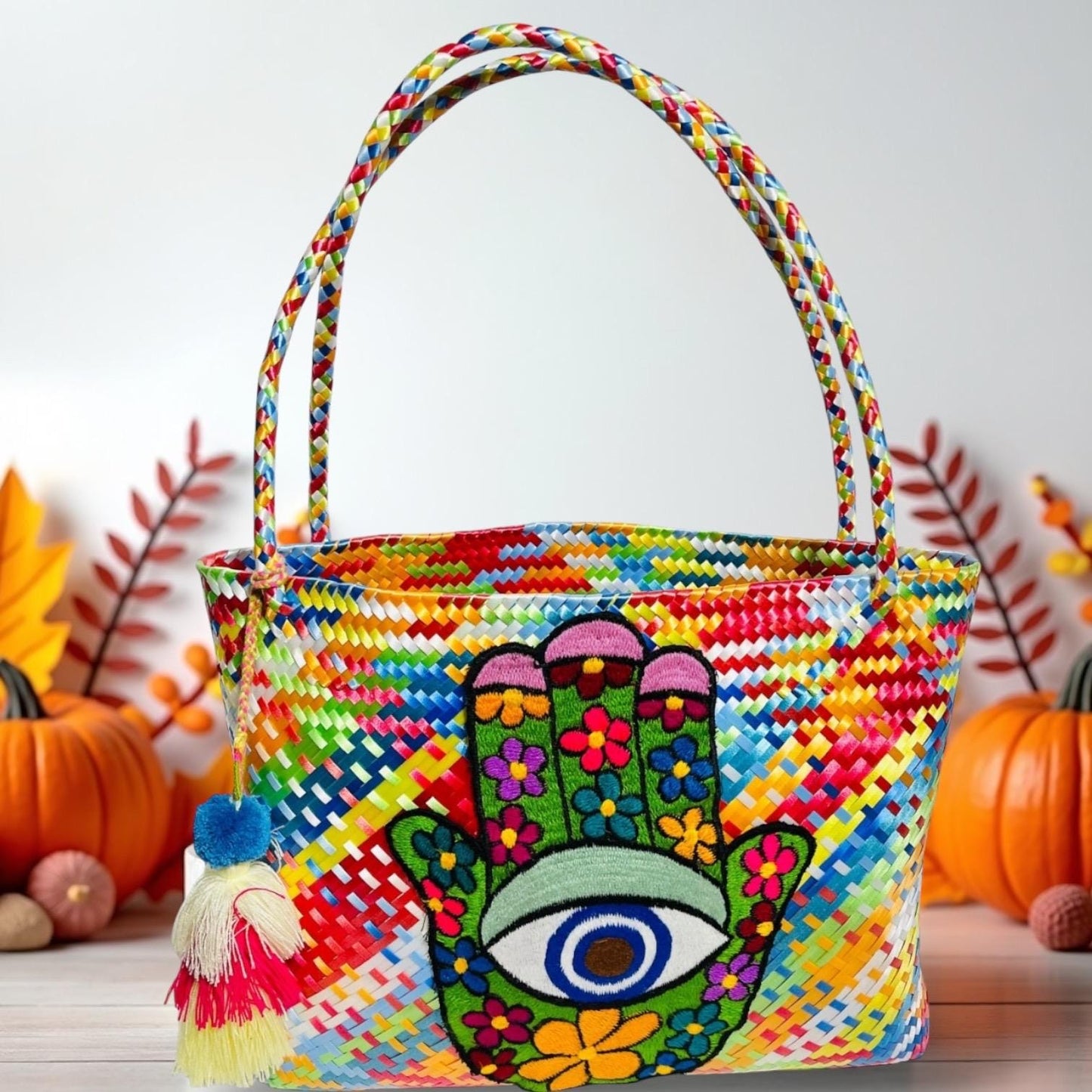 Hamsa Evil Eye Hand Woven Plastic Tote Bolsa Mexicana Artesenal Hamsa Mal De Ojo